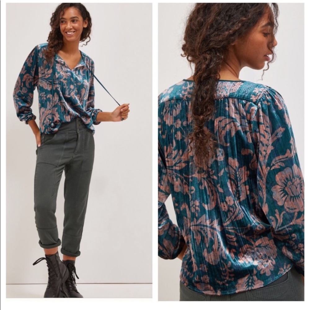 Anthropologie Faustine Printed Velvet Peasant Blouse Top S